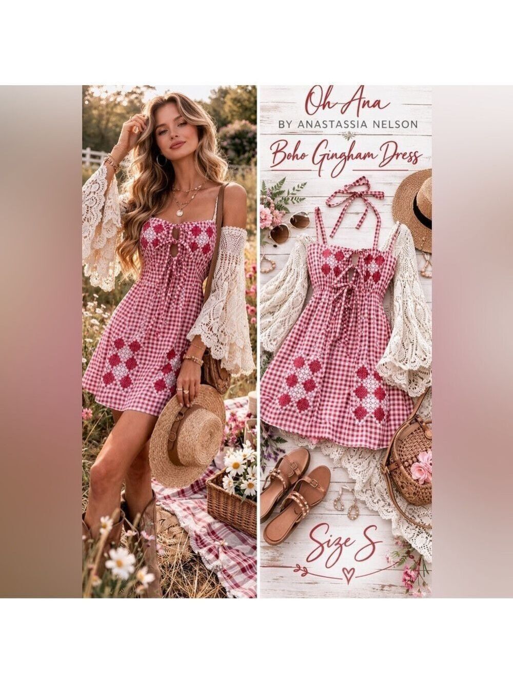 Oh Ana Anastassia Nelson Boho Dress Embroidered Gingham Crochet Bell Sleeves S